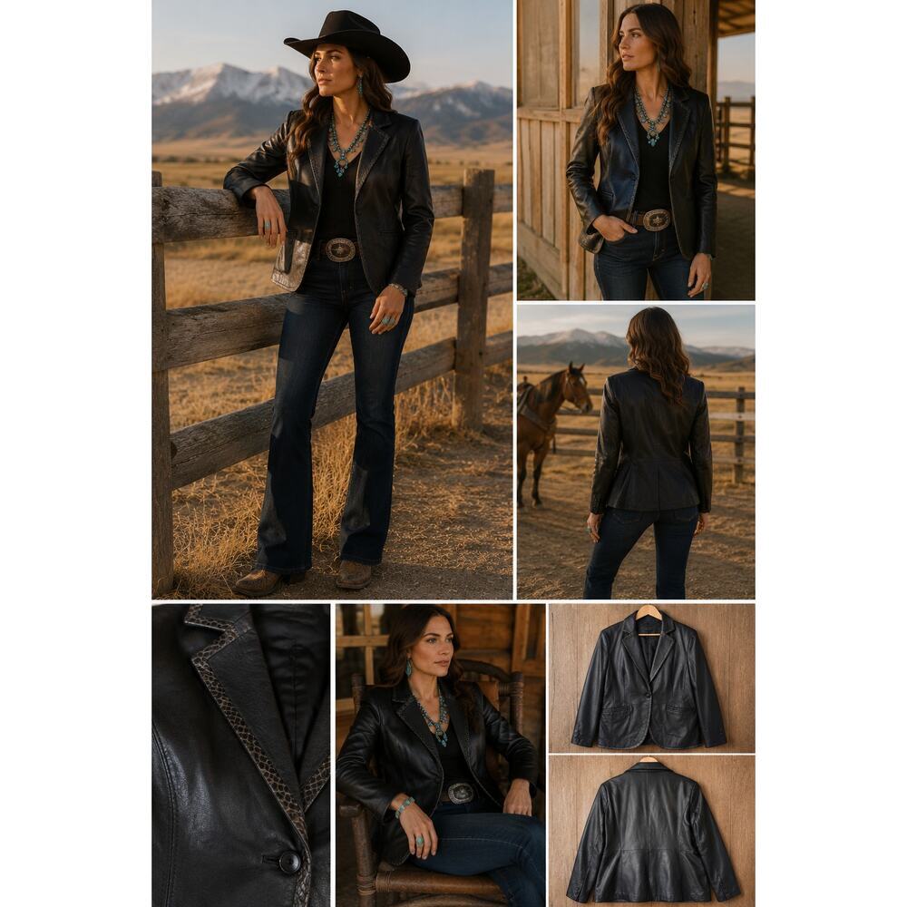 Tony Lama Genuine Leather Blazer Jacket Women’s L  Western Snake Trim Black Coat